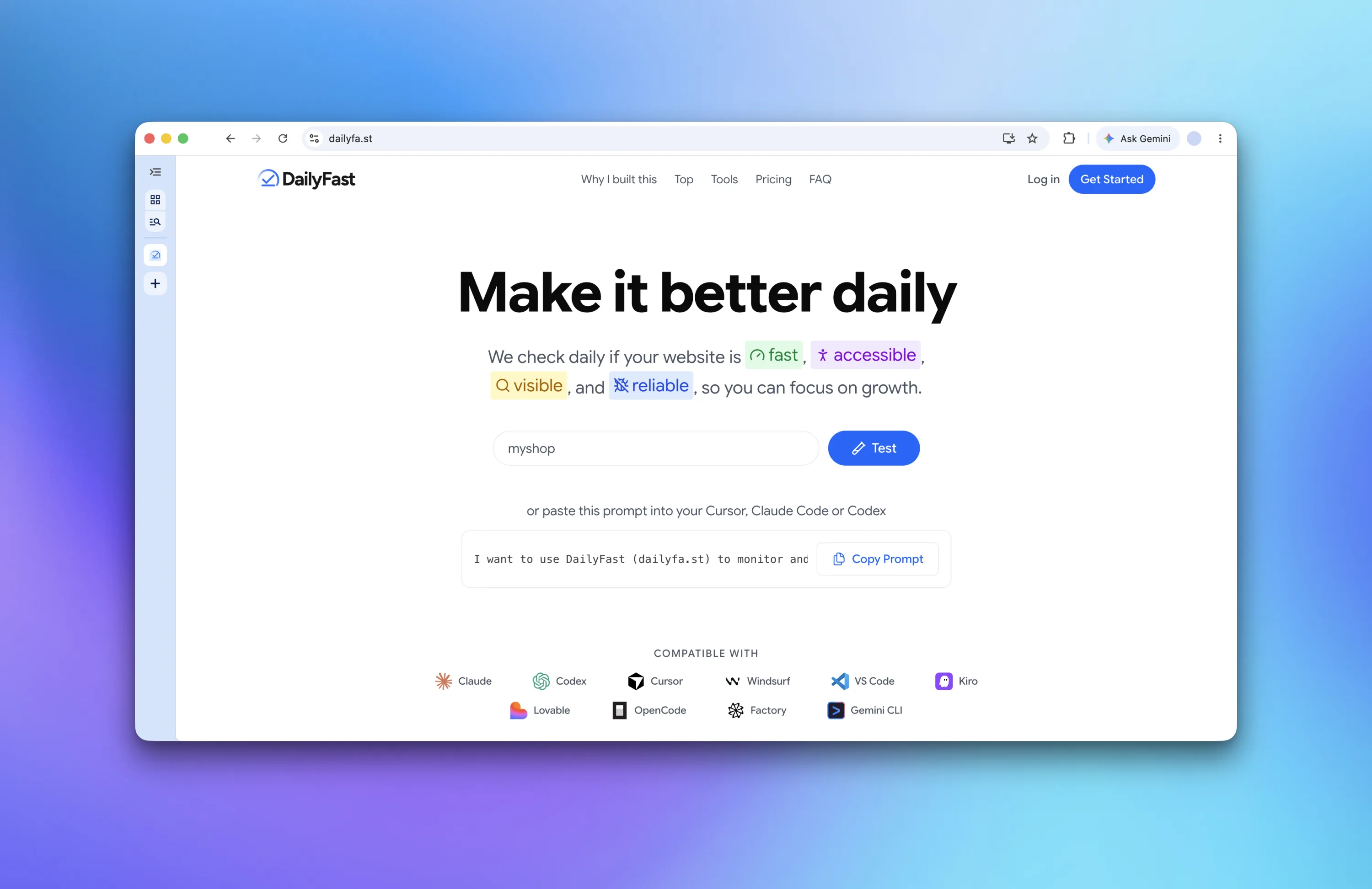 Landing page of DailyFast