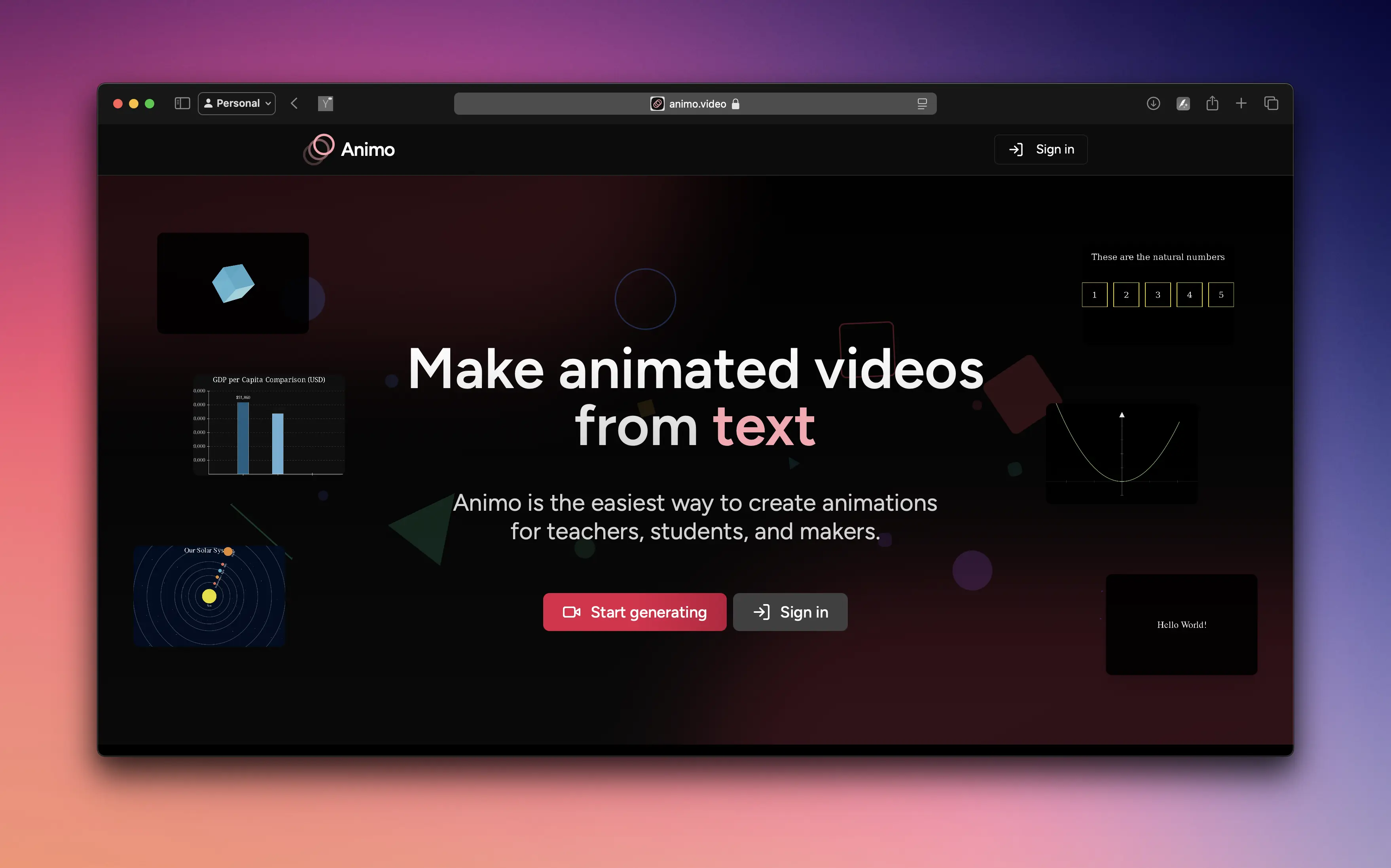 Landing page of Animo