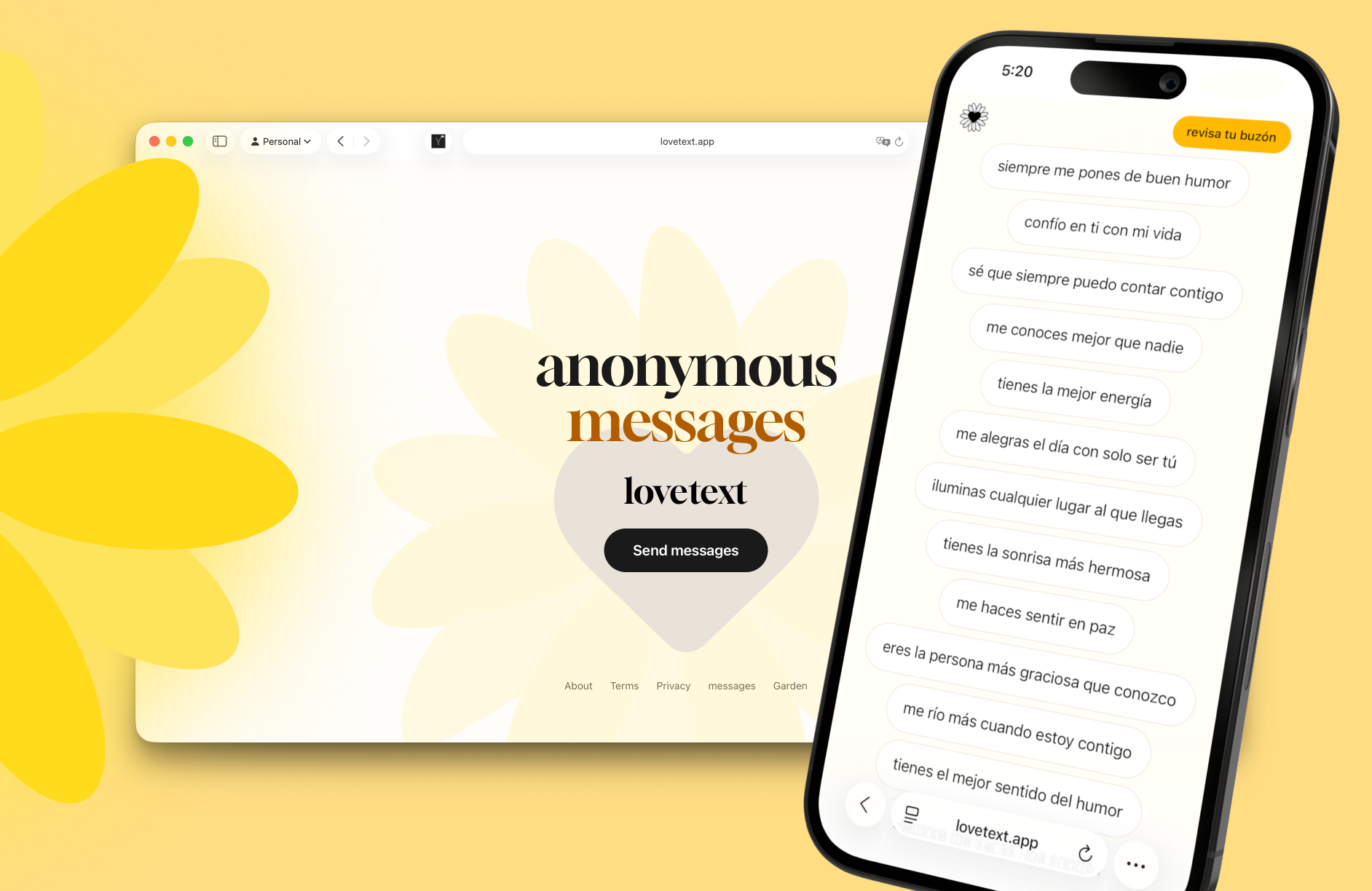 Landing page of loveText